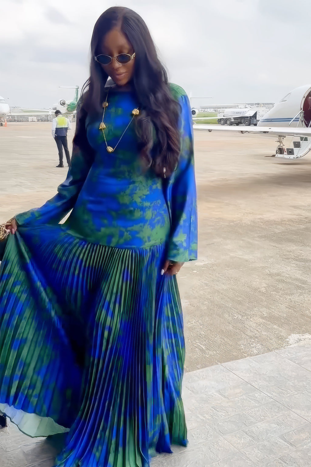 Tropical Wave Pleated Maxi Dress