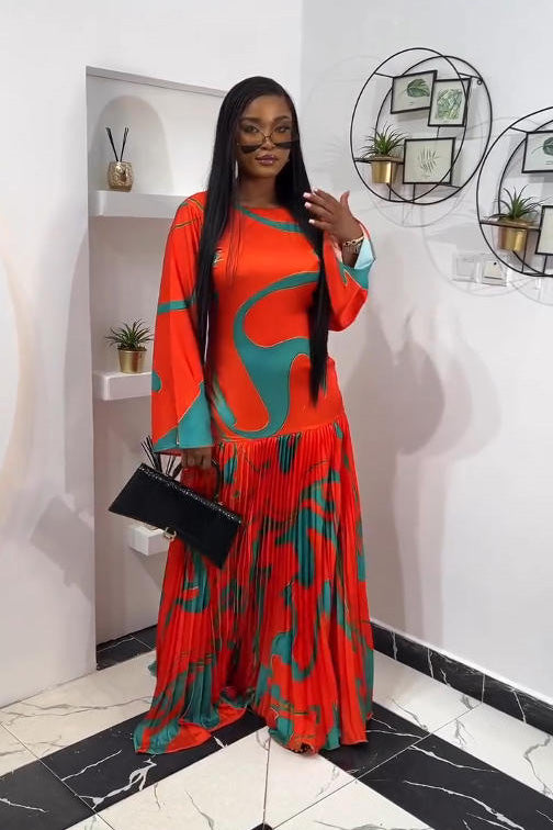 Tropical Wave Pleated Maxi Dress