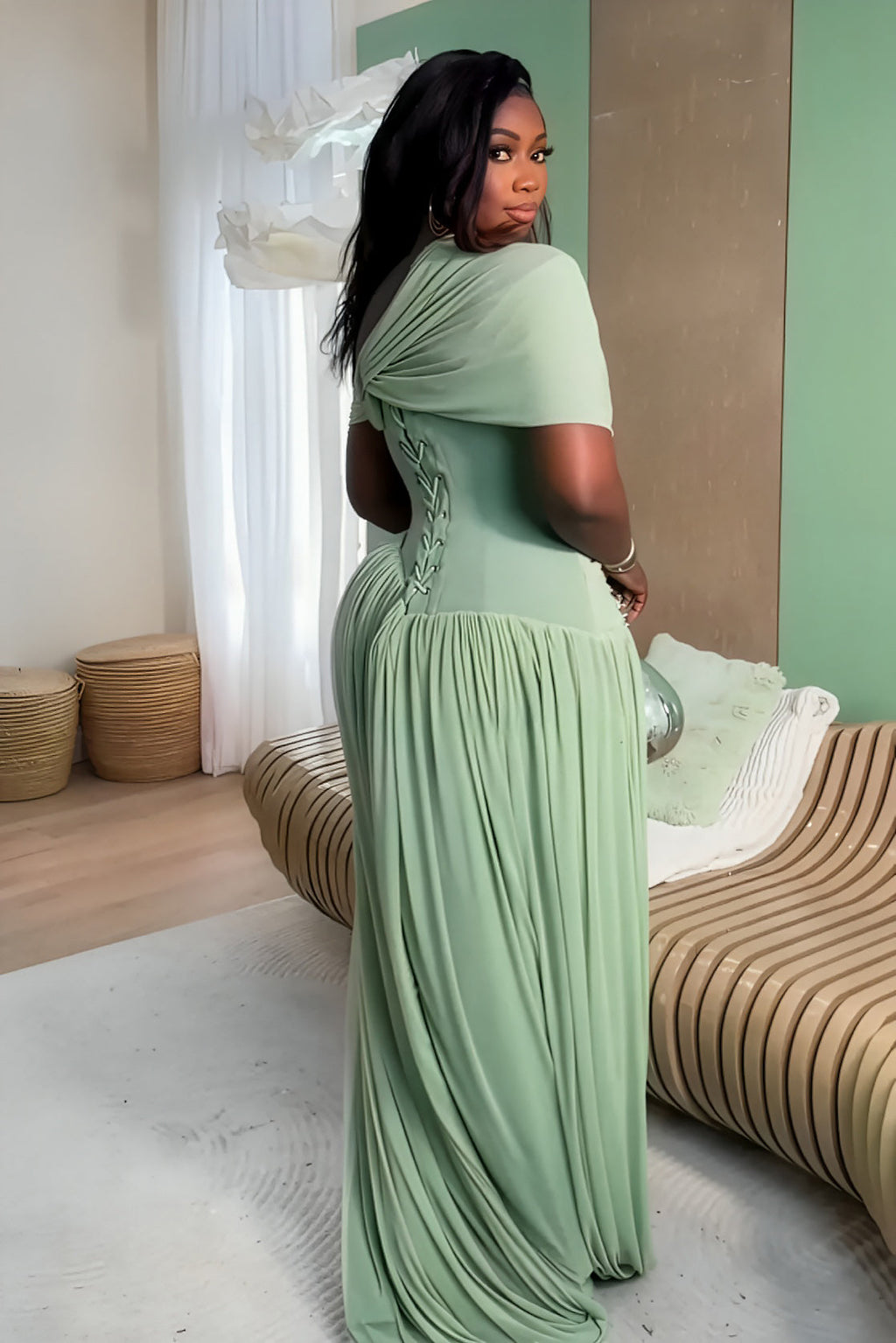 Mint Green Ruched Chiffon Maxi Gown
