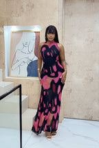 Abstract Ink Print Mesh Drama Maxi Dress