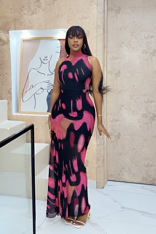 Abstract Ink Print Mesh Drama Maxi Dress