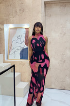 Abstract Ink Print Mesh Drama Maxi Dress