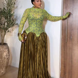 Mesh Panel Retro Pleated Maxi Dress