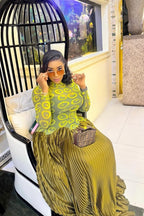 Mesh Panel Retro Pleated Maxi Dress