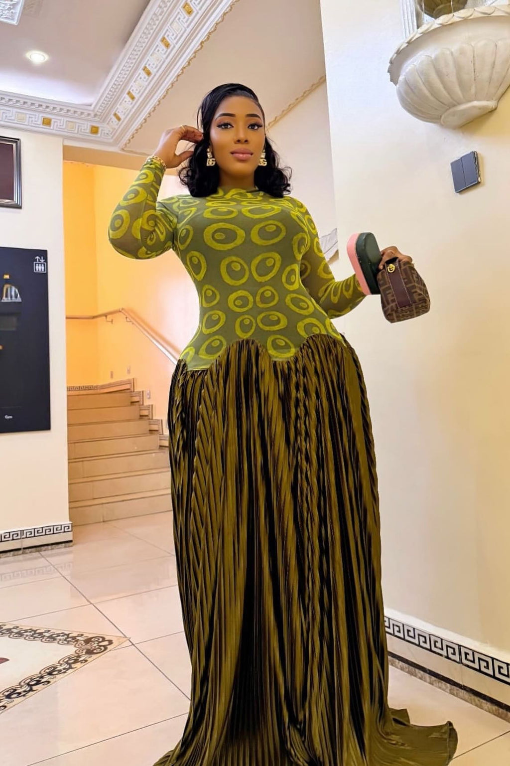 Mesh Panel Retro Pleated Maxi Dress