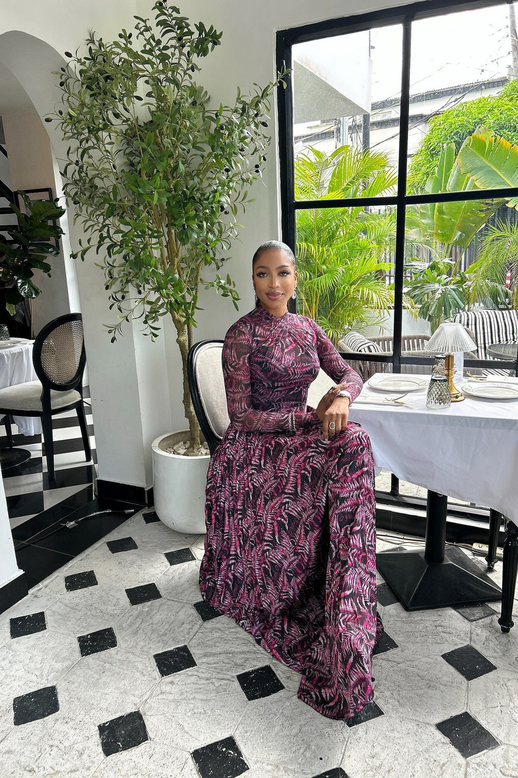 Tropical Print Mesh Maxi Dress