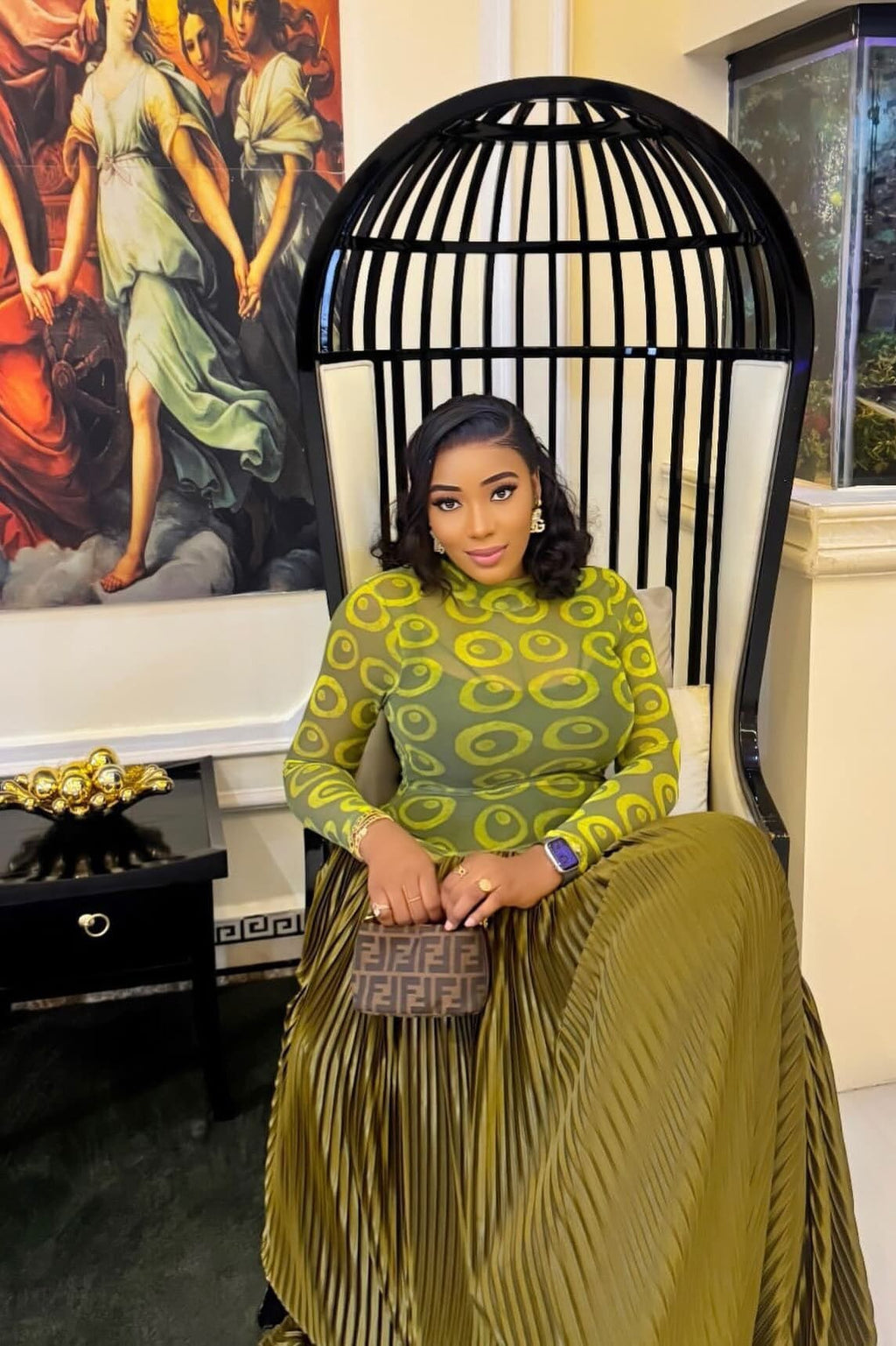 Mesh Panel Retro Pleated Maxi Dress