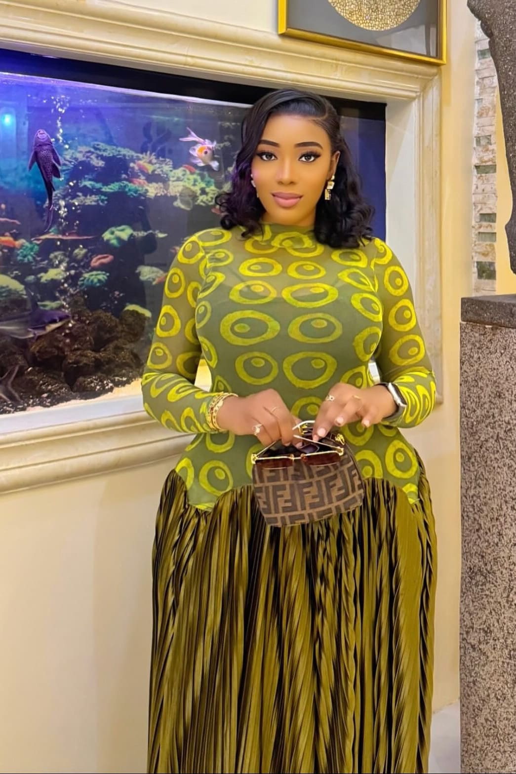 Mesh Panel Retro Pleated Maxi Dress